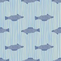 Dark blue stylized fish elements seamless pattern. Doodle aquatic ornament with stripped background. vector