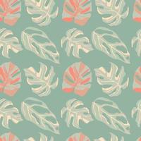 Pastel palette seamless doodle pattern with monstera silhouettes. Light turquoise background with pink floral elements. vector