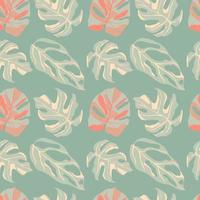 Pastel palette seamless doodle pattern with monstera silhouettes. Light turquoise background with pink floral elements. vector