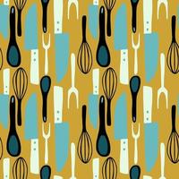 Seamless pattern with stylized knife, spoon, fork, corolla ornament. Doodle cartoon kitchen elements in ocher and blue tones palette. vector