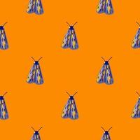Bright minimalistic seamless moth pattern. Blue and prple colored butterflies on orange background. vector