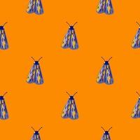 Bright minimalistic seamless moth pattern. Blue and prple colored butterflies on orange background. vector