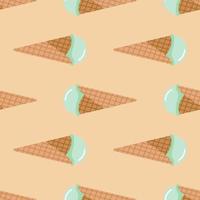 Seamless food pattern with ice cream in waffle cone. Light coral background and turquoise cream. vector