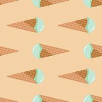 Seamless food pattern with ice cream in waffle cone. Light coral background and turquoise cream. vector