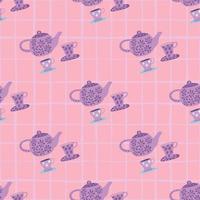 Pastel tender seamless pattern with tea time elements. Light purple ornament on pink background with check. vector