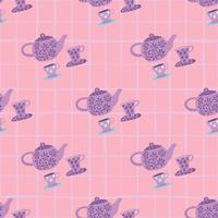 Pastel tender seamless pattern with tea time elements. Light purple ornament on pink background with check. vector