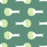 Abstract flask ornament seamless school pattern. Laboratory equipment on green background. vector