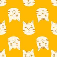 Contrast bright seamless cat pattern. Bright yellow background with white faces animals elements. vector