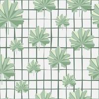 Random light green abstract jungle leaf elements seamless pattern. Grey chequered background. Doodle print. vector