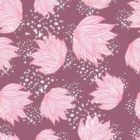Random foliage bush seamless pattern. Pink contoured leaves on purple background with splashes. vector