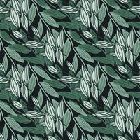 Floral seamless pattern with outline foliage silhouettes on black background. Green contoured botanic ornament. vector