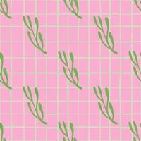 Seamless doodle pattern in abstract geometric style with green branches. Pink chequered background. vector