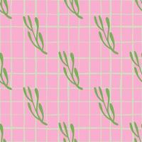 Seamless doodle pattern in abstract geometric style with green branches. Pink chequered background. vector