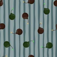 Random green and brown colored bomb silhouettes seamless pattern. Blue pale striped background. vector