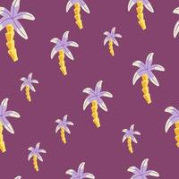 Minimalistic style seamless pattern with doodle palm tree ornament. Bright purple background. Nature print. vector