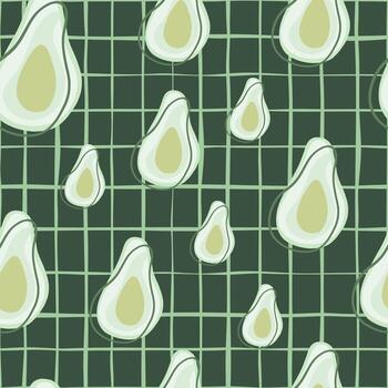 Random seamless pattern with natural avocado elements print. Green chequered background. vector
