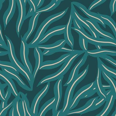 Cartoon marine seamless pattern with green seaweed shapes. Turquoise background. Random aqua flora print.