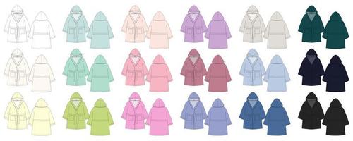 Set of bathrobe technical sketch. Hooded bathrobe. vector