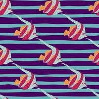 Undersea seamless pattern with exotic imperial angelfish elements shapes. Purple and blue striped background. vector