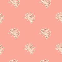 Seamless tropic pattern in minimalistic style with doodle white folk licuala palm shapes. Pink background. vector