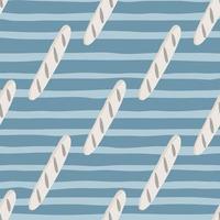 Diagonal loaf doodle shapes seamless pattern. Light bread food print with blue striped background. Food backdrop. vector