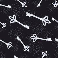 Random seamless pattern with keys doodle silhouettes. White different sizes secret shapes on black background with splashes. vector