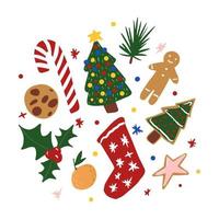 Composition Christmas elements on white background. Abstract symbols christmas tree, gingerbread, sock, tangerine, cookies, start, mistletoe, candy in doodle. vector