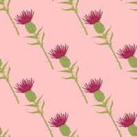Bright summer botanic seamless pattern with burdock flowers. Pink and green colored stylized ornament on light pink background. vector