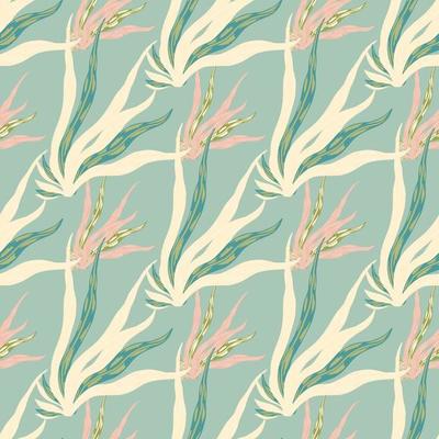 Pastel tones palette seaweed seamless pattern Light beige and green nature undersea ornament, Blue background.