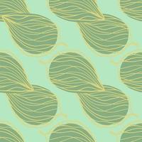 Pale floral leaf shapes seamless pattern. Outline ornament with yellow contour and green spots on blue background. vector