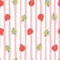 Pastel tender seamless pattern with pomegranates and branches. Red fruits and light green foliage on striped background with white and pink lines. vector