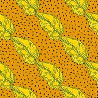 Scrapbook botanic seamless pattern with outline yellow leaf shapes. Orange dotted background. vector