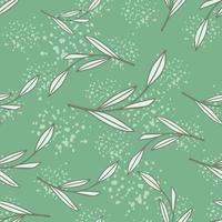 Foliage abstract seamless pattern with grey random outline leaf branches print. Green background with splashes. vector