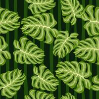 Green random palm leaf silhouettes seamless doodle pattern. Striped background. Abstract style. vector