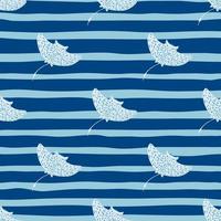 Decorative seamless pattern with doodle stingray ornament. Blue striped background. Funny stylistic. vector