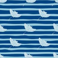 Decorative seamless pattern with doodle stingray ornament. Blue striped background. Funny stylistic. vector