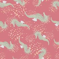 patrón abstracto decorativo sin costuras con siluetas de caballitos de mar aleatorios grises. fondo rosa con salpicaduras. vector