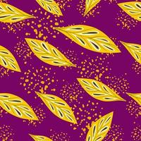 Random yellow leaf silhouettes seamless pattern in hand drawn style. Purple background with splashes. vector