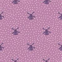 Little windmill seamless agriculture pattern in doodle style. Lilac dotted print. Farm backdrop. vector