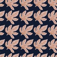 Grey outline leaves seamless doodle pattern. Cartoon flat foliage print on navy blue dark background. vector