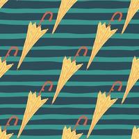 Orange umbrellas seamless hand drawn pattern. Turquoise and navy blue colored striped background. vector