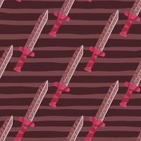 Creative seamless pattern with swors doodle ornament. Historical knife elements on striped maroon background. vector