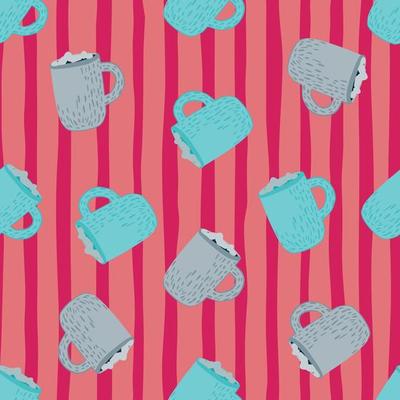 Random bright xmas seamless pattern with blue christmas cup shapes. Pink striped background.