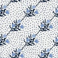 Tulip diagonal ornament seamless pattern. Blue flowers on whitebackground with dots. vector