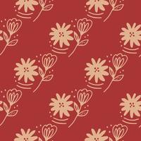 Doodle flower seamless pattern in line art style on red background. Abstract floral.