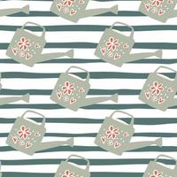 Simple seamless pattern with doodle watering cans silhouettes. Grey ornament on stripped background. vector