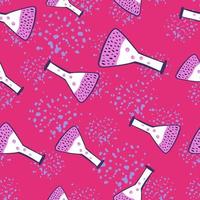 Bright random seamless pattern with lilac flask elements. Pink background with splashes. Education science print. vector