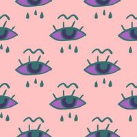 Simple eye and tears seamless pattern. Light pink background with green and purple face elements. vector