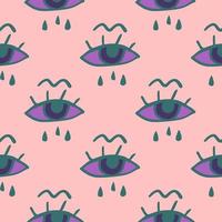 Simple eye and tears seamless pattern. Light pink background with green and purple face elements. vector