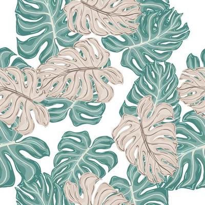 Isolated seamless pattern with random blue and purple monstera leaves print. White background.